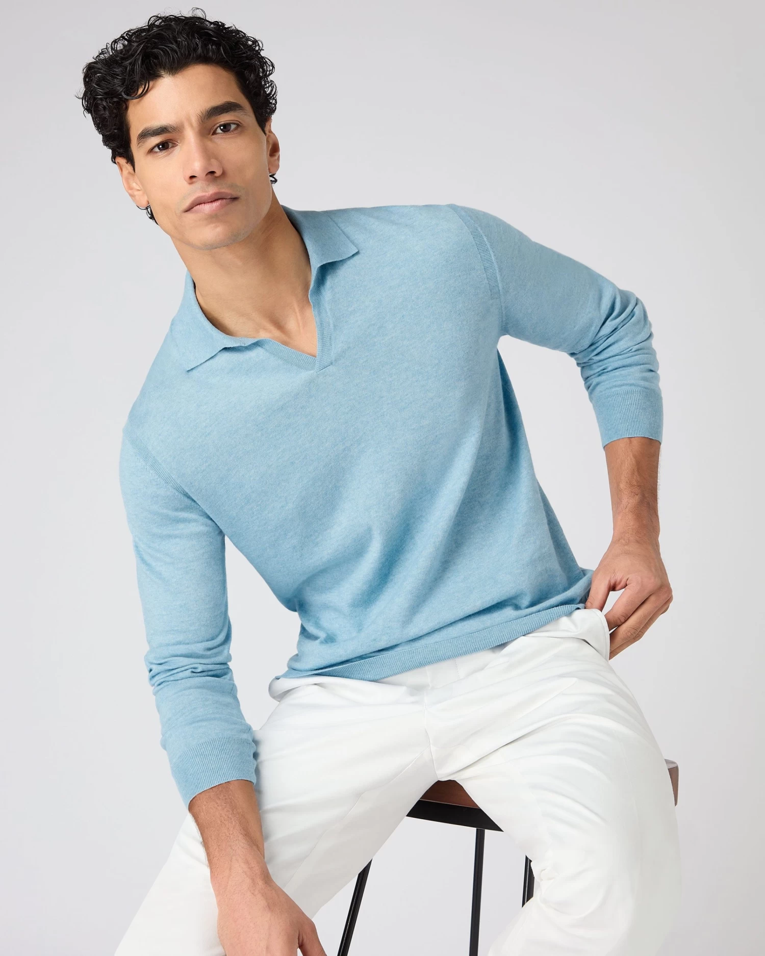 Men's Padstow Cotton Cashmere Polo Shirt Cornflower Blue 3 Men's Padstow Cotton Cashmere Polo Shirt Cornflower Blue