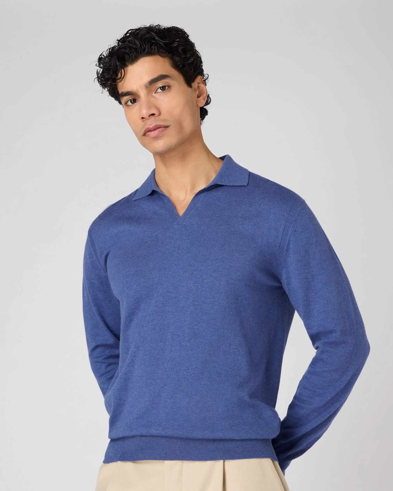 Men's Padstow Cotton Cashmere Polo Shirt Denim Blue 3 Men's Padstow Cotton Cashmere Polo Shirt Denim Blue