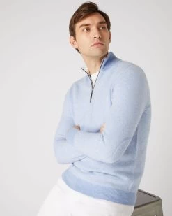 Men's Carnaby Birdseye Half Zip Cashmere Jumper Cornflower Blue