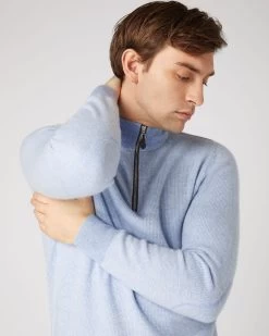 Men's Carnaby Birdseye Half Zip Cashmere Jumper Cornflower Blue -Cozy Fashion Shop SS24 NPG107274 C50 5
