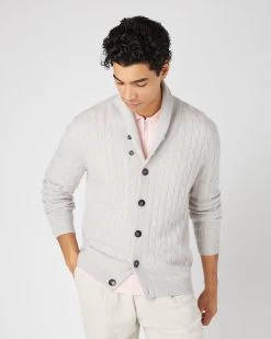 Men's Garrick Shawl Cable Cashmere Cardigan Pebble Grey