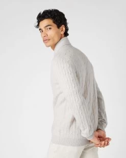 Men's Garrick Shawl Cable Cashmere Cardigan Pebble Grey -Cozy Fashion Shop SS24 NPG108559 PBG 4