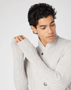 Men's Garrick Shawl Cable Cashmere Cardigan Pebble Grey -Cozy Fashion Shop SS24 NPG108559 PBG 5