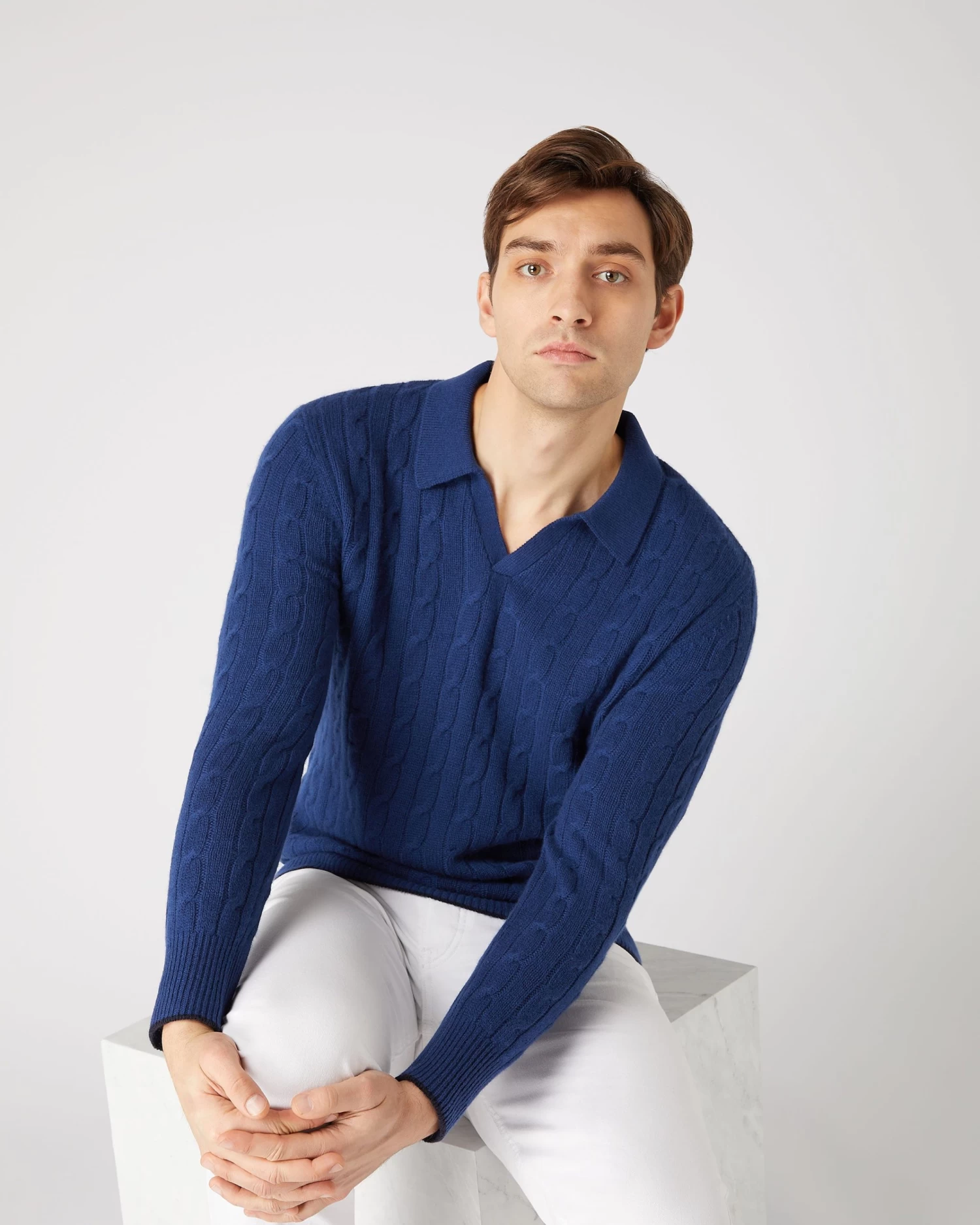 Men's Cable Polo Cashmere Shirt French Blue 3 Men's Cable Polo Cashmere Shirt French Blue