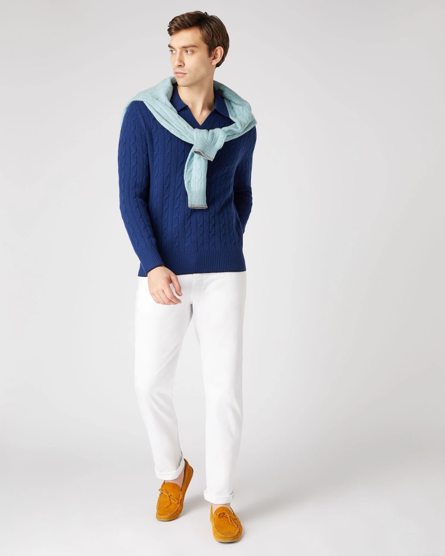 Men's Cable Polo Cashmere Shirt French Blue 5 Men's Cable Polo Cashmere Shirt French Blue - Image 3