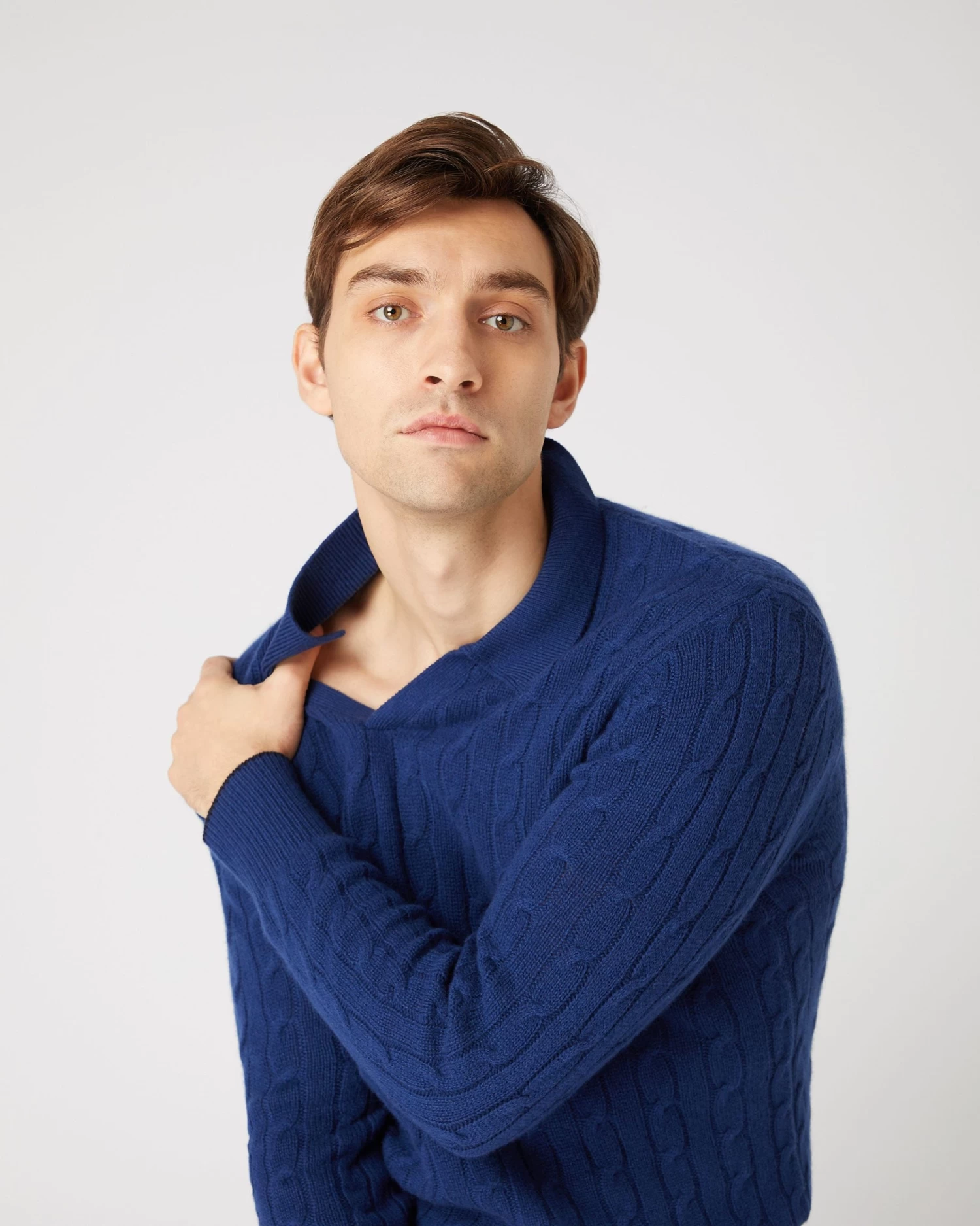 Men's Cable Polo Cashmere Shirt French Blue 7 Men's Cable Polo Cashmere Shirt French Blue - Image 5