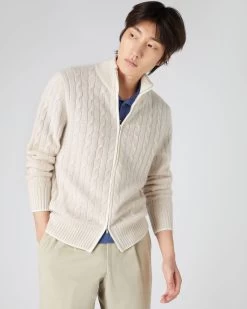 Men's Contrast Cable Full Zip Cashmere Jumper Ecru White