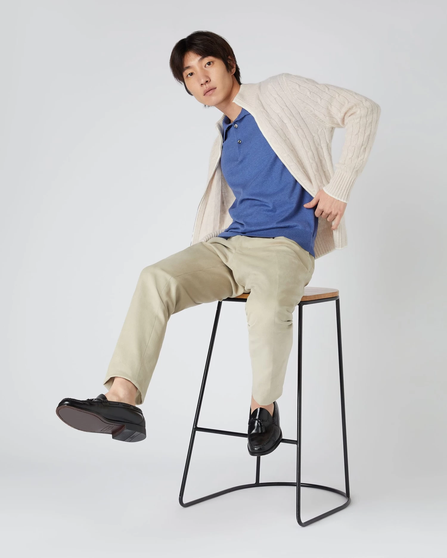 Men's Contrast Cable Full Zip Cashmere Jumper Ecru White 5 Men's Contrast Cable Full Zip Cashmere Jumper Ecru White - Image 3