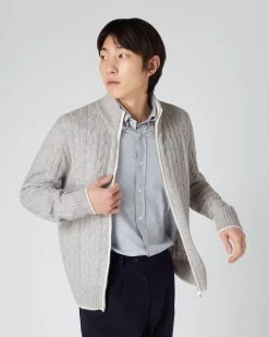 Men's Contrast Cable Full Zip Cashmere Jumper Fumo Grey