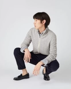 Men's Contrast Cable Full Zip Cashmere Jumper Fumo Grey -Cozy Fashion Shop SS24 NPG109175 F65 3