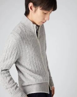 Men's Contrast Cable Full Zip Cashmere Jumper Fumo Grey -Cozy Fashion Shop SS24 NPG109175 F65 5