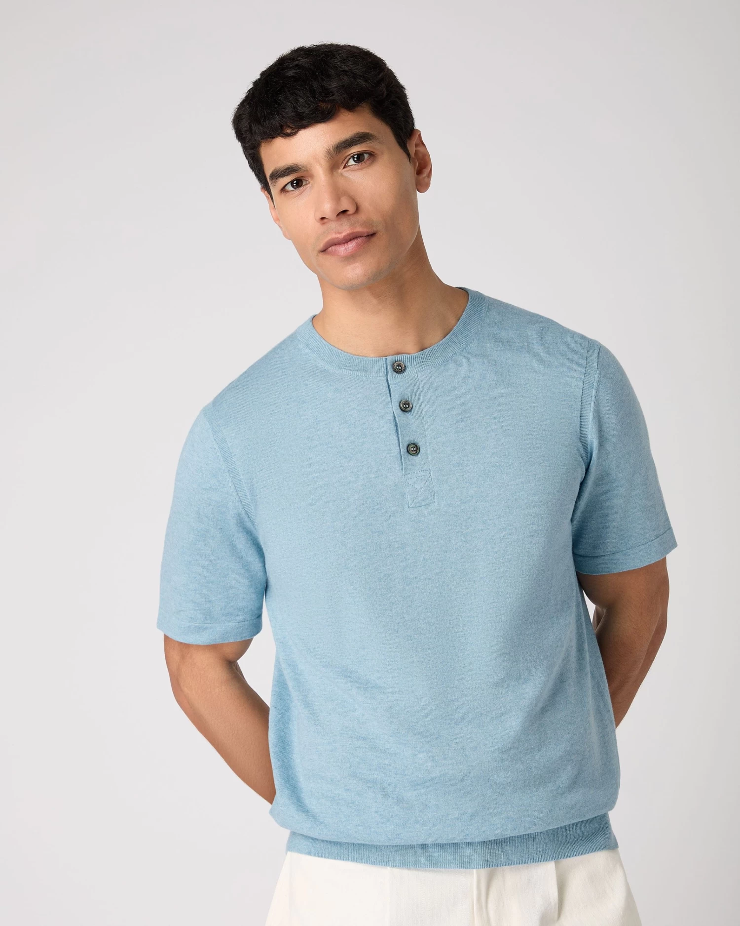Men's Henley Cotton Cashmere T-Shirt Cornflower Blue 3 Men's Henley Cotton Cashmere T-Shirt Cornflower Blue
