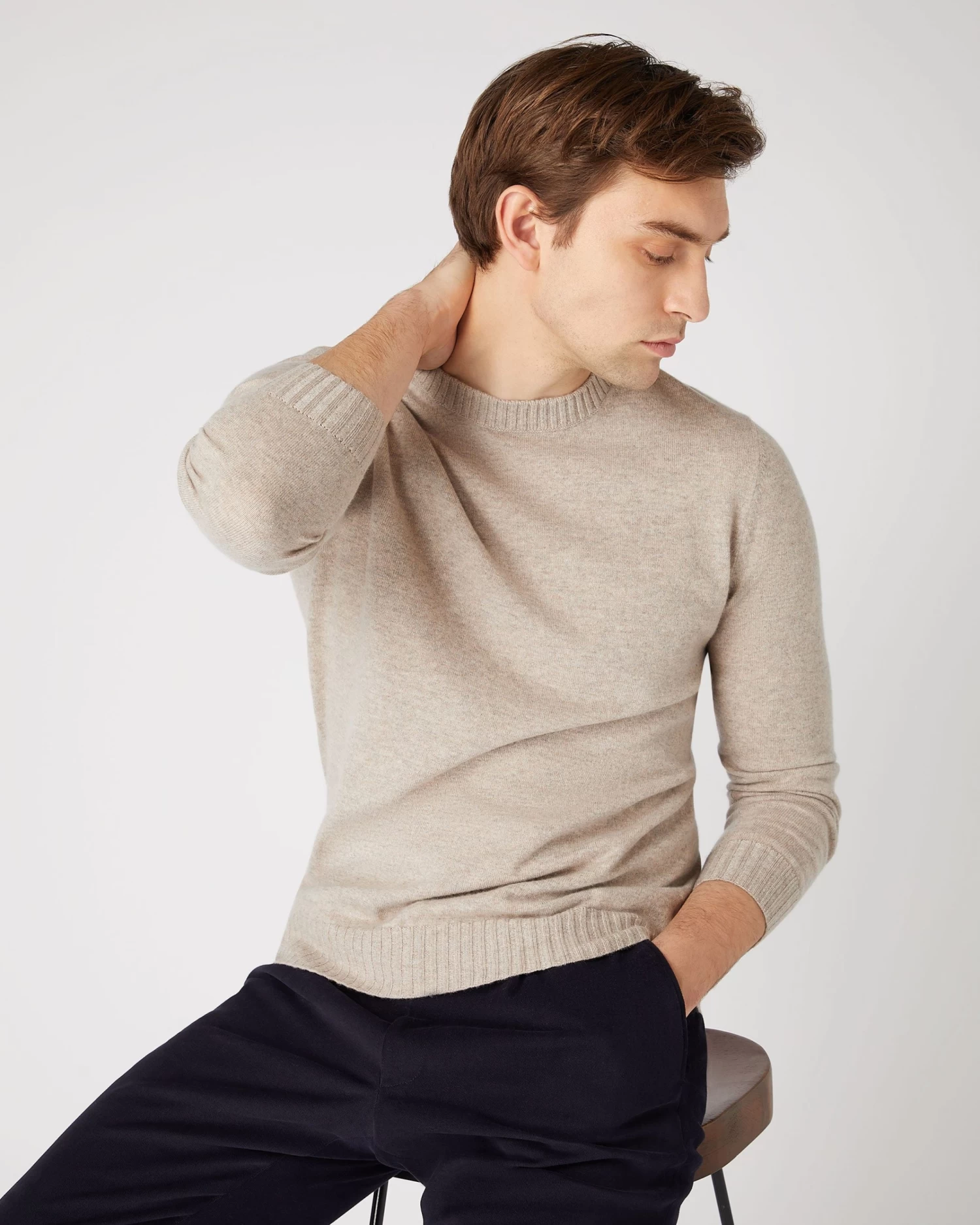 Men's Shoreditch Round Neck Cashmere Jumper Oatmeal Brown 3 Men's Shoreditch Round Neck Cashmere Jumper Oatmeal Brown