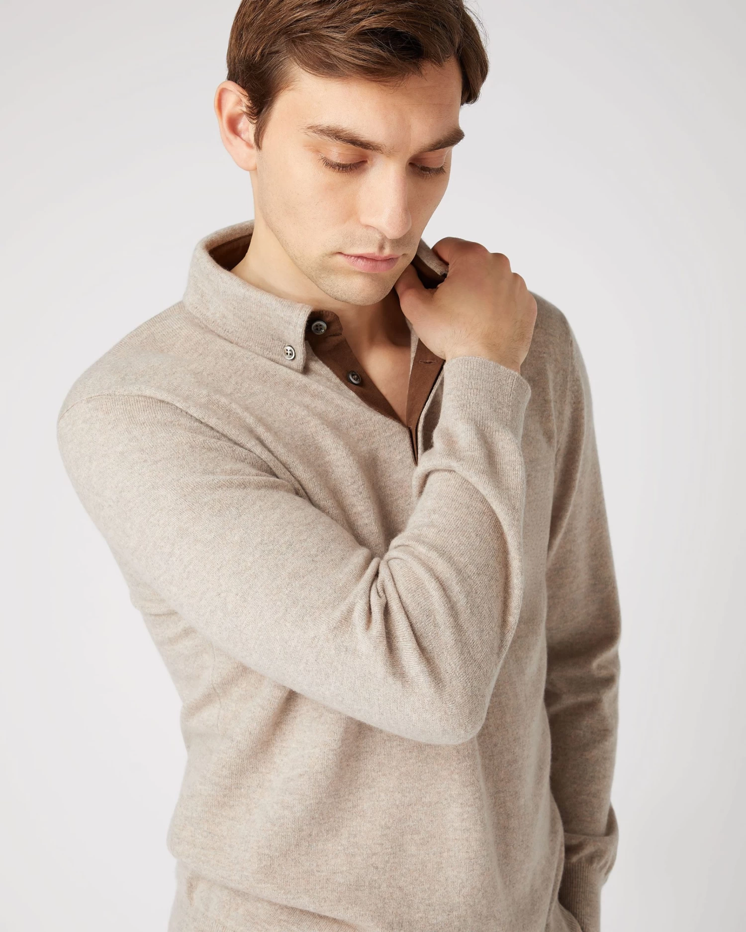 Men's Relaxed Polo Cashmere Shirt Oatmeal Brown 7 Men's Relaxed Polo Cashmere Shirt Oatmeal Brown - Image 5