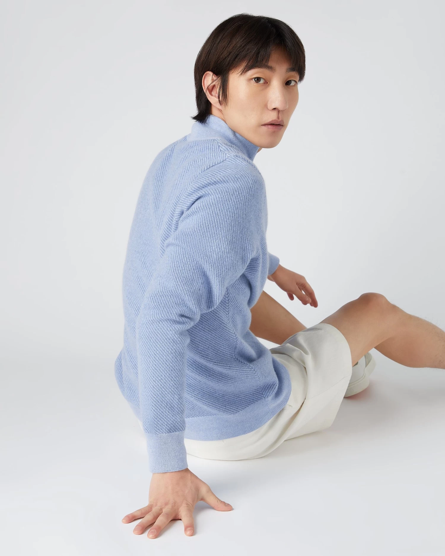 Men's Diagonal Stripe Half Zip Cashmere Jumper Cornflower Blue 6 Men's Diagonal Stripe Half Zip Cashmere Jumper Cornflower Blue - Image 4