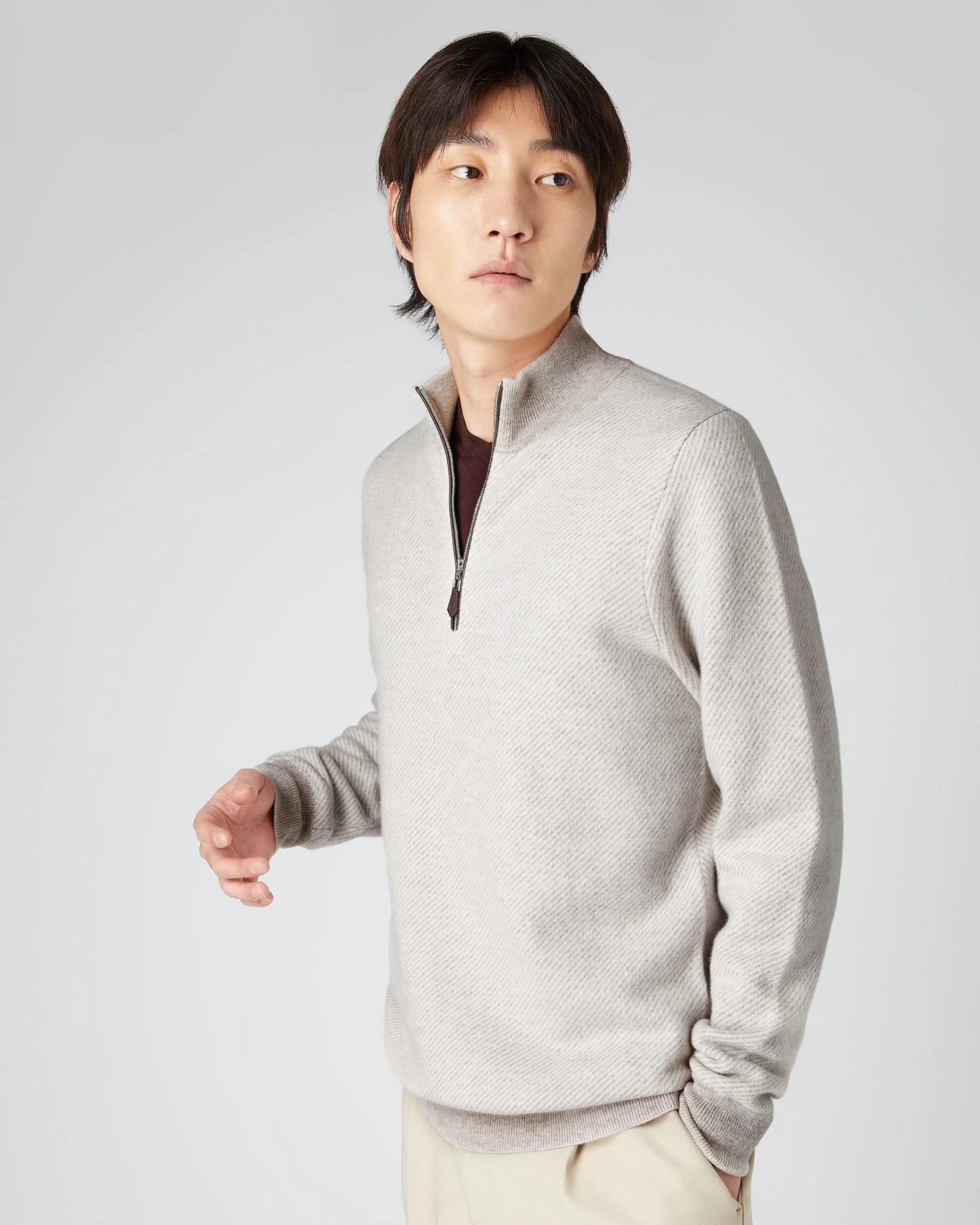 Men's Diagonal Stripe Half Zip Cashmere Jumper Sand Brown 3 Men's Diagonal Stripe Half Zip Cashmere Jumper Sand Brown