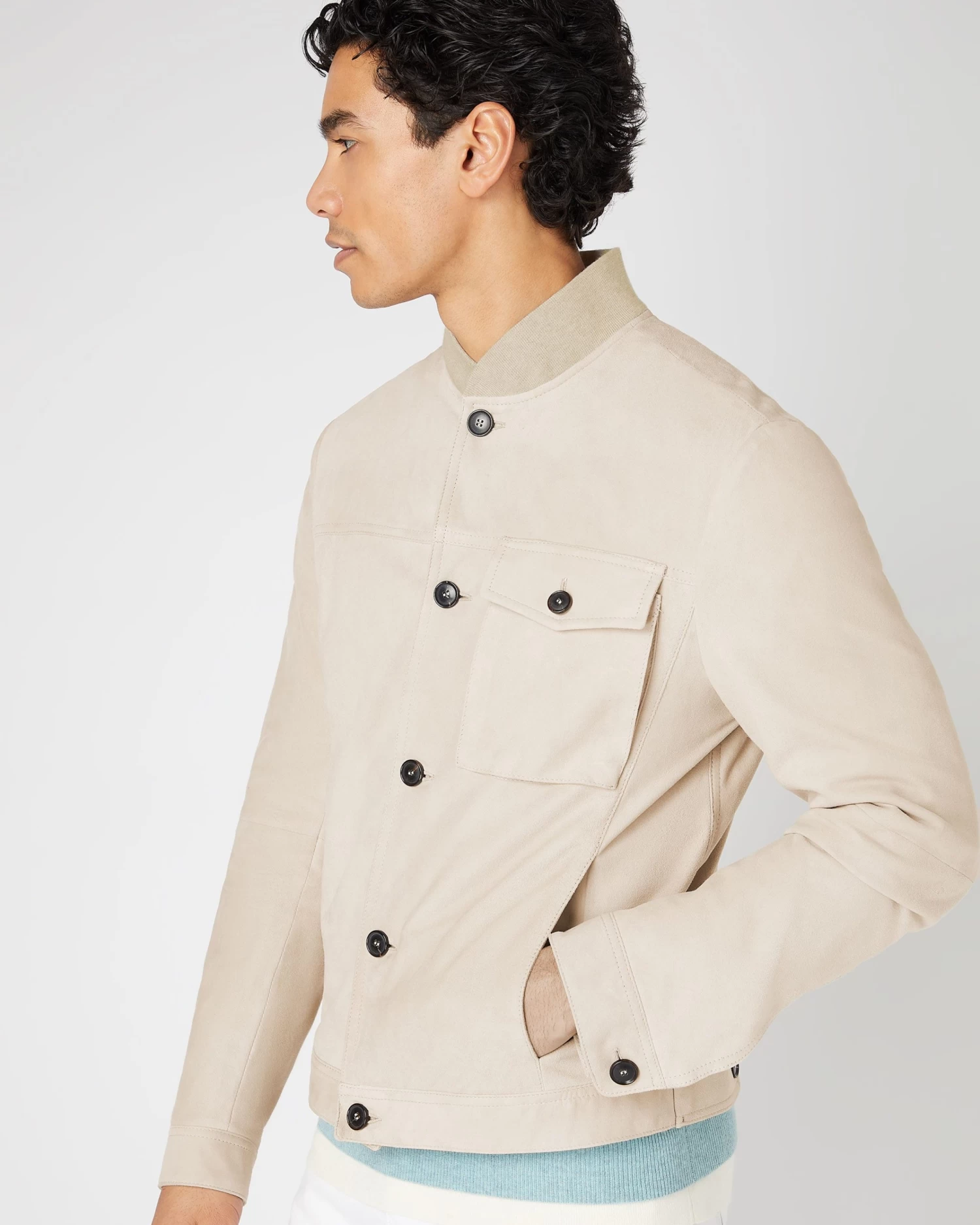 Men's Suede Bomber Jacket Beige Brown 7 Men's Suede Bomber Jacket Beige Brown - Image 5