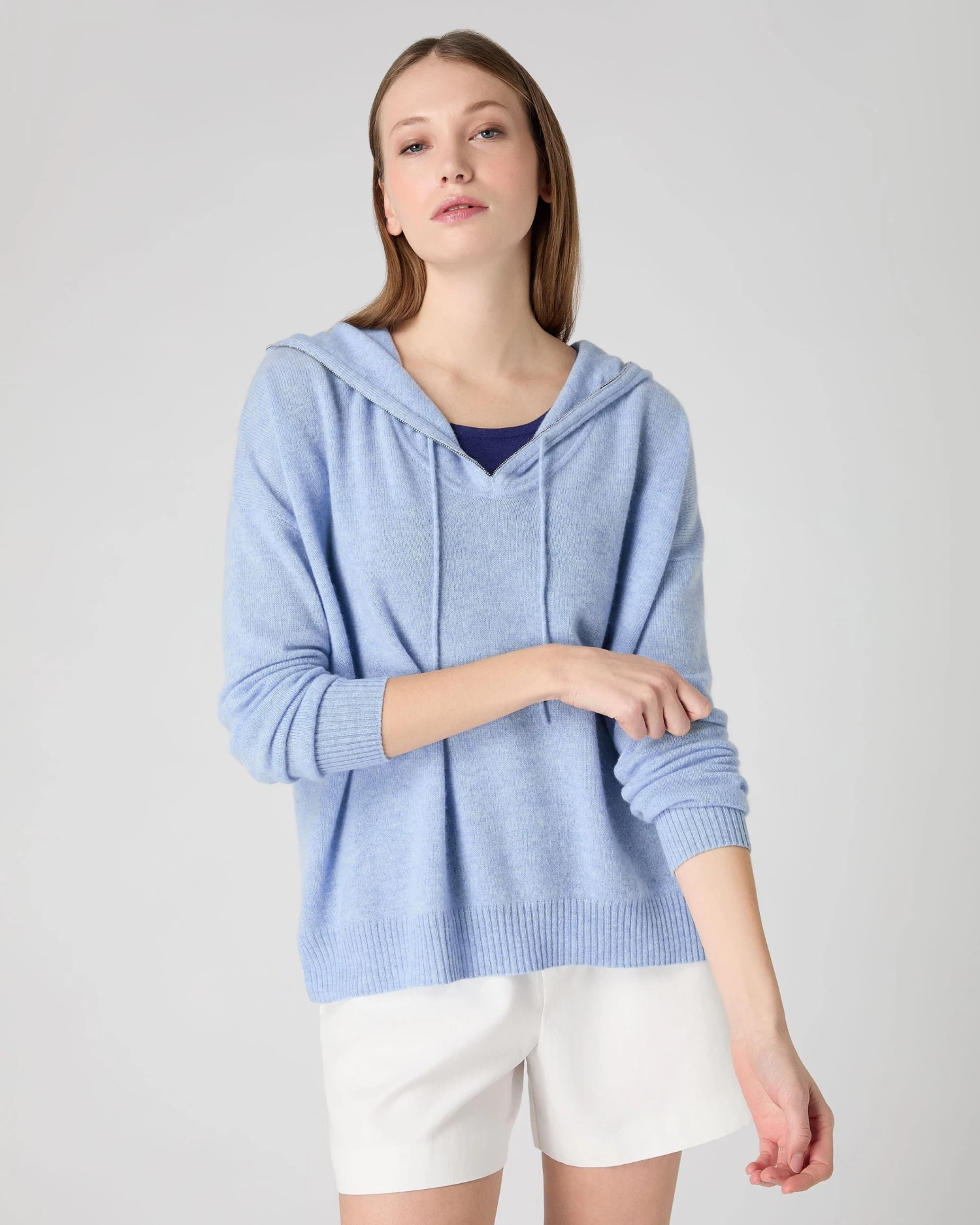 Women's Maya Metal Trim Cashmere Hoodie Cornflower Blue 3 Women's Maya Metal Trim Cashmere Hoodie Cornflower Blue