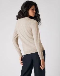 Women's Olivia Round Neck Cashmere Cardigan Oatmeal Brown -Cozy Fashion Shop SS24 NPW001802B OAT 5op