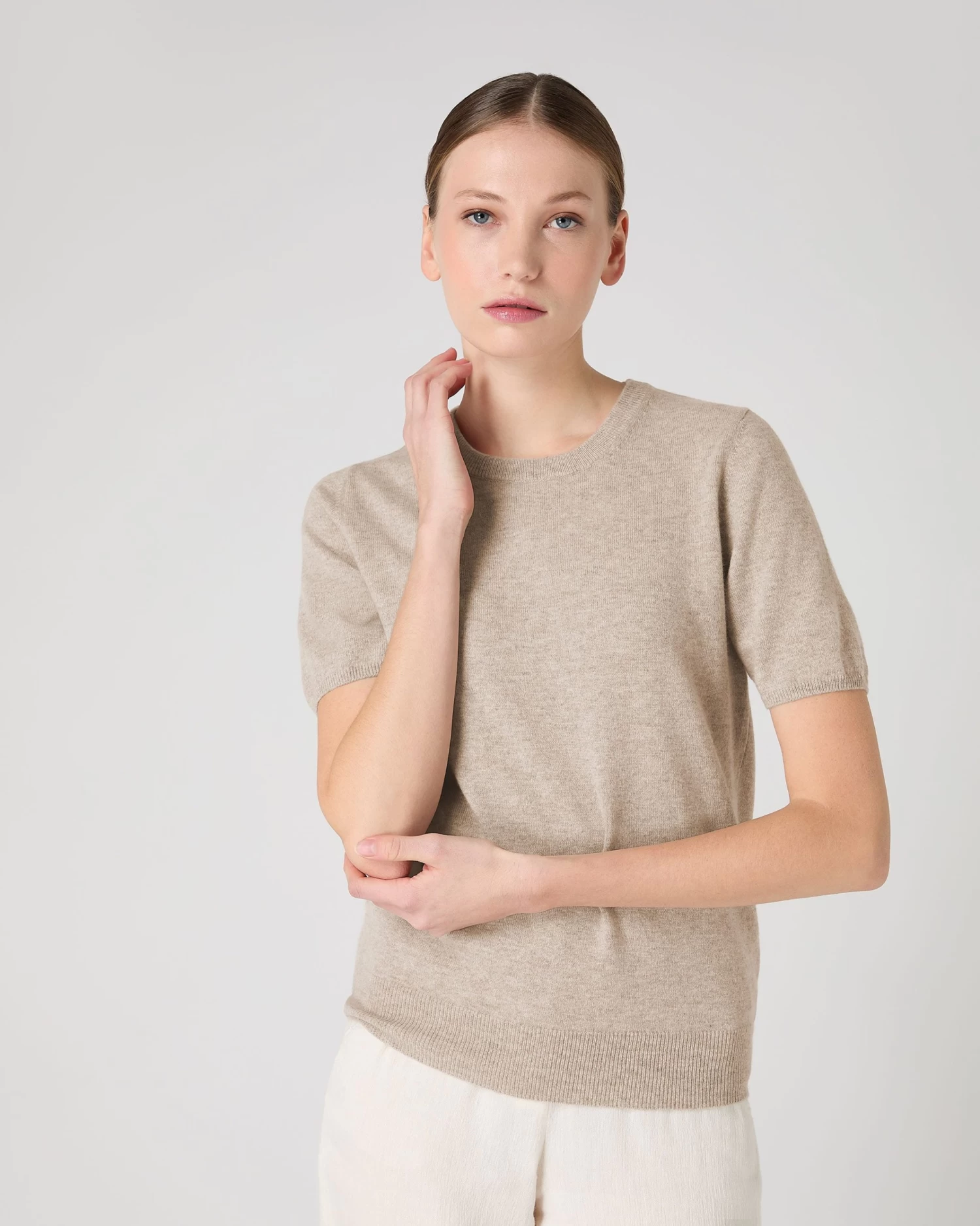 Women's Milly Classic Cashmere T-Shirt Oatmeal Brown 3 Women's Milly Classic Cashmere T-Shirt Oatmeal Brown