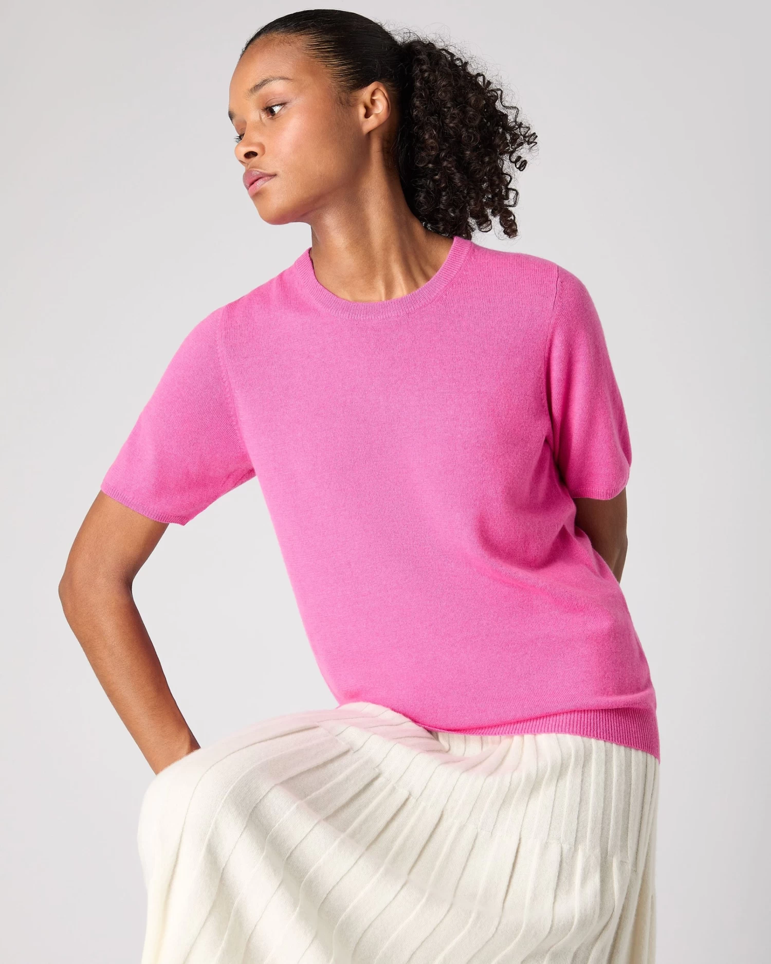 Women's Milly Classic Cashmere T-Shirt Vibrant Pink 3 Women's Milly Classic Cashmere T-Shirt Vibrant Pink