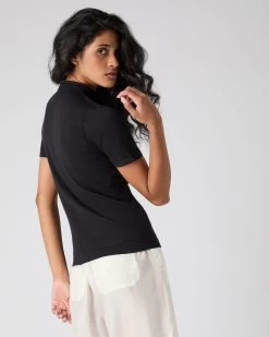 Women's Rosie Superfine Cashmere Mock Neck T-Shirt Black -Cozy Fashion Shop SS24 NPW001917R BLK 4