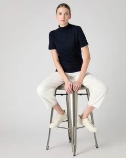 Women's Rosie Superfine Cashmere Mock Neck T-Shirt Navy Blue -Cozy Fashion Shop SS24 NPW001917R NVY 3