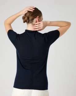 Women's Rosie Superfine Cashmere Mock Neck T-Shirt Navy Blue -Cozy Fashion Shop SS24 NPW001917R NVY 4