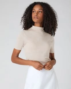 Women's Rosie Superfine Cashmere Mock Neck T-Shirt Sandstone Brown -Cozy Fashion Shop SS24 NPW001917R S44 1