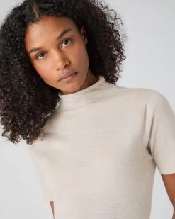 Women's Rosie Superfine Cashmere Mock Neck T-Shirt Sandstone Brown -Cozy Fashion Shop SS24 NPW001917R S44 5