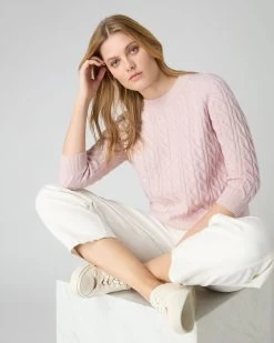 Women's Emilia Cable Round Neck Cashmere Jumper Quartz Pink -Cozy Fashion Shop SS24 NPW002085 QZP 3