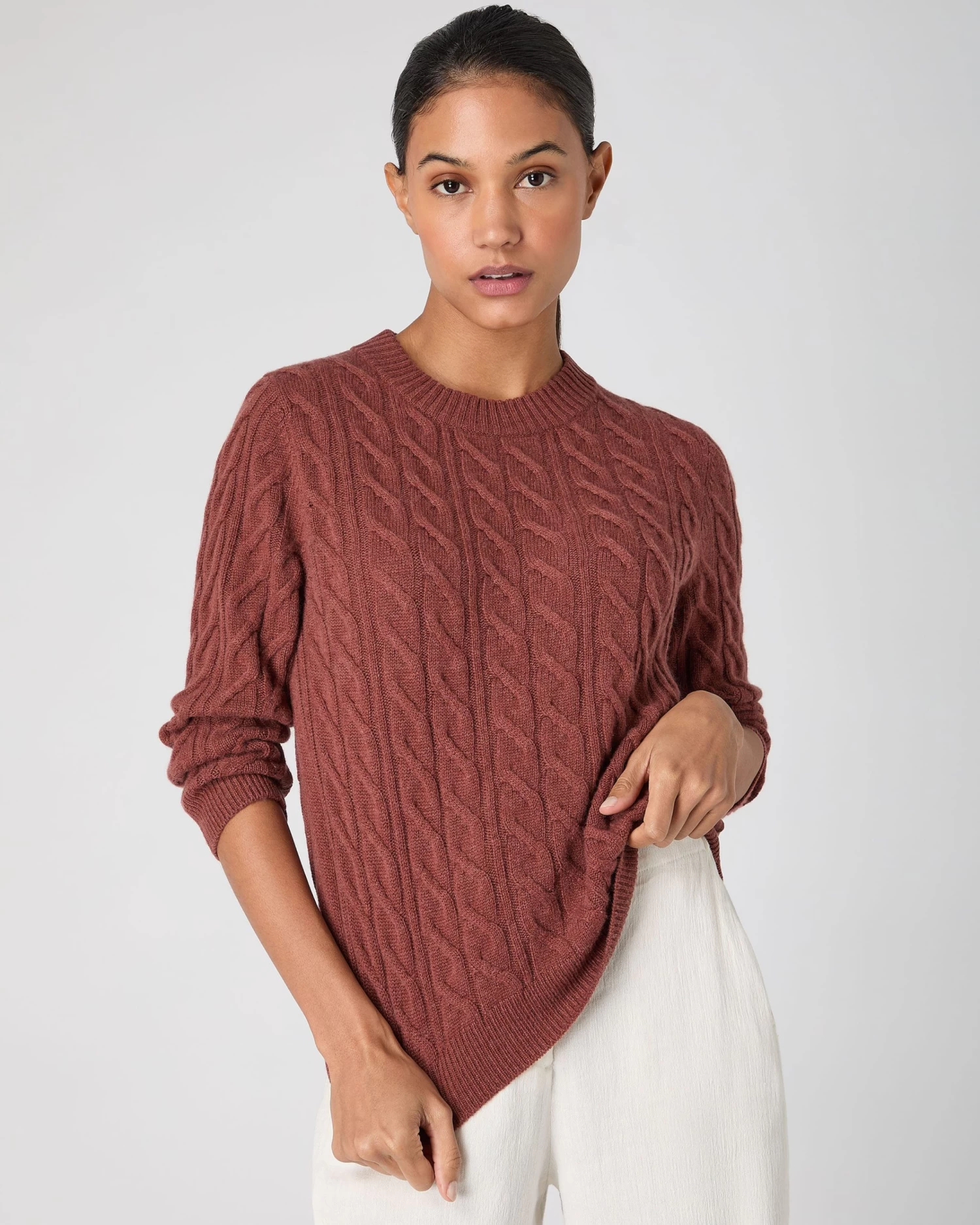 Women's Emilia Cable Round Neck Cashmere Jumper Terracotta Brown 3 Women's Emilia Cable Round Neck Cashmere Jumper Terracotta Brown