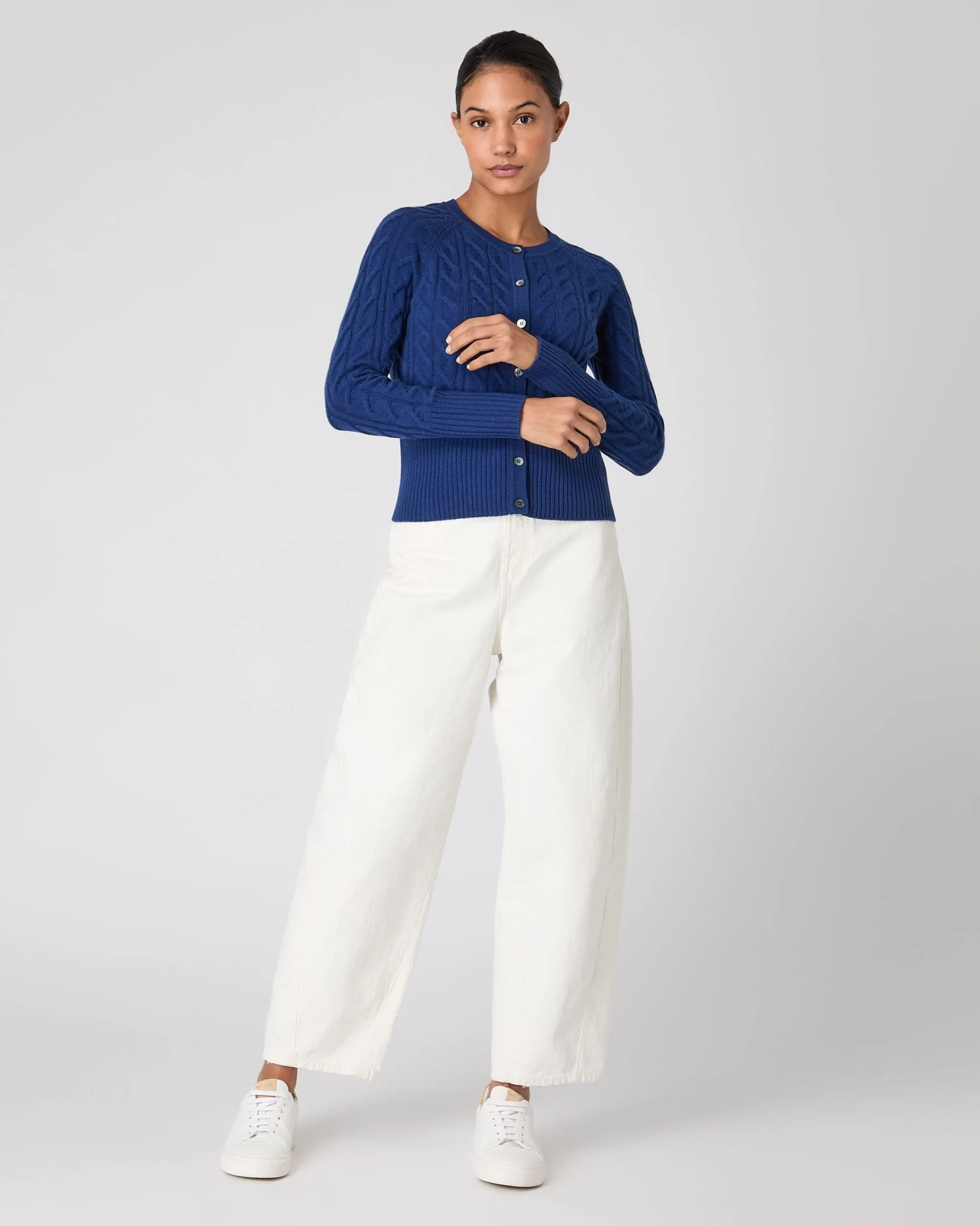 Women's Myla Cable Cashmere Cardigan French Blue 5 Women's Myla Cable Cashmere Cardigan French Blue - Image 3