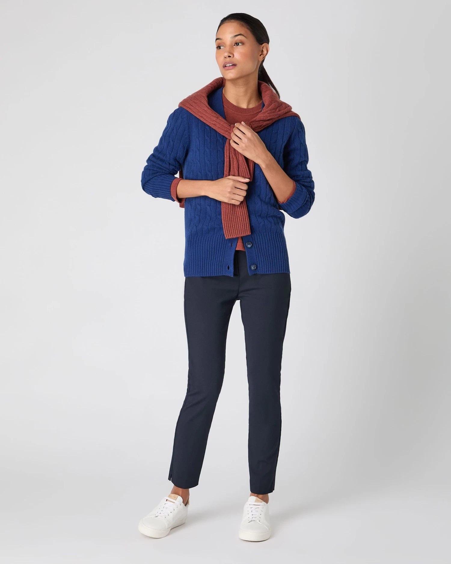 Women's Clara Cable V Neck Cashmere Cardigan French Blue 5 Women's Clara Cable V Neck Cashmere Cardigan French Blue - Image 3