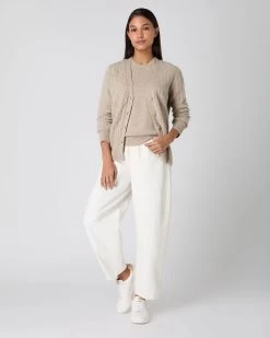 Women's Clara Cable V Neck Cashmere Cardigan Oatmeal Brown -Cozy Fashion Shop SS24 NPW002272 OAT 3