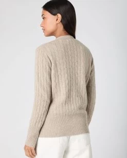 Women's Clara Cable V Neck Cashmere Cardigan Oatmeal Brown -Cozy Fashion Shop SS24 NPW002272 OAT 4