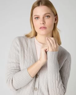 Women's Clara Cable V Neck Cashmere Cardigan Pebble Grey -Cozy Fashion Shop SS24 NPW002272 PBG 5