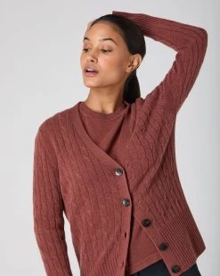 Women's Clara Cable V Neck Cashmere Cardigan Terracotta Brown -Cozy Fashion Shop SS24 NPW002272 T18 5