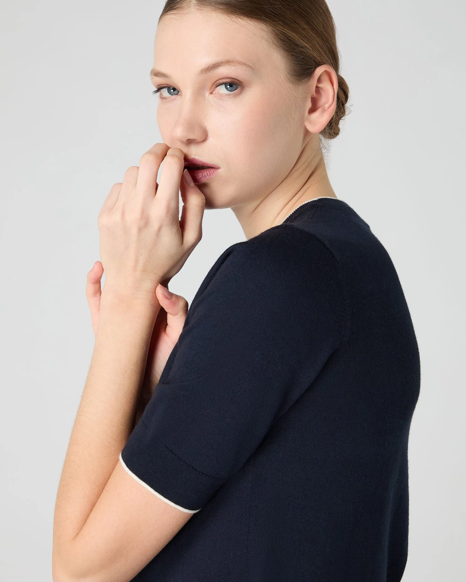 Women's Cotton Cashmere T-Shirt Navy Blue 7 Women's Cotton Cashmere T-Shirt Navy Blue - Image 5