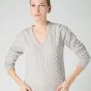 Women's Frankie Cable V Neck Cashmere Jumper Pebble Grey -Cozy Fashion Shop SS24 NPW108415R PBG 1