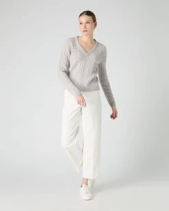 Women's Frankie Cable V Neck Cashmere Jumper Pebble Grey -Cozy Fashion Shop SS24 NPW108415R PBG 3