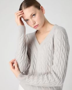 Women's Frankie Cable V Neck Cashmere Jumper Pebble Grey -Cozy Fashion Shop SS24 NPW108415R PBG 5