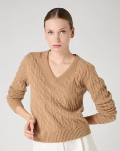 Women's Frankie Cable V Neck Cashmere Jumper Sahara Brown