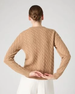 Women's Frankie Cable V Neck Cashmere Jumper Sahara Brown -Cozy Fashion Shop SS24 NPW108415R S55 4