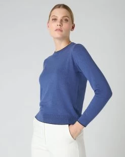 Women's Cotton Cashmere Round Neck Jumper Denim Blue