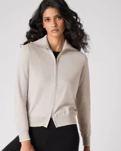 Women's Cotton Cashmere Full Zip Jumper Sandstone Brown
