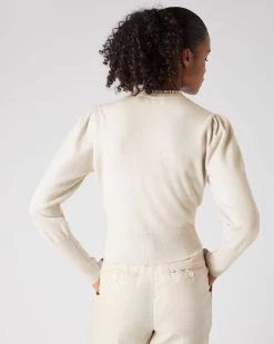 Women's Ruffle Trim Cashmere Cardigan Almond White -Cozy Fashion Shop SS24 NPW108555 ALM 4