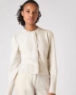 Women's Ruffle Trim Cashmere Cardigan Almond White -Cozy Fashion Shop SS24 NPW108555 ALM 5
