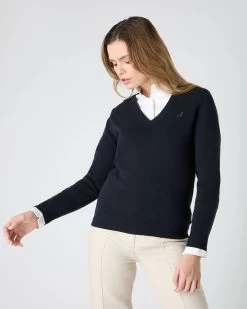 The Jockey Club Women's V Neck Cashmere Jumper Navy Blue -Cozy Fashion Shop SS24 NPW108637 N60 1 op