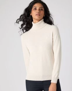 The Jockey Club Women's Roll Neck Cashmere Jumper Ecru White -Cozy Fashion Shop SS24 NPW108638 E34 1